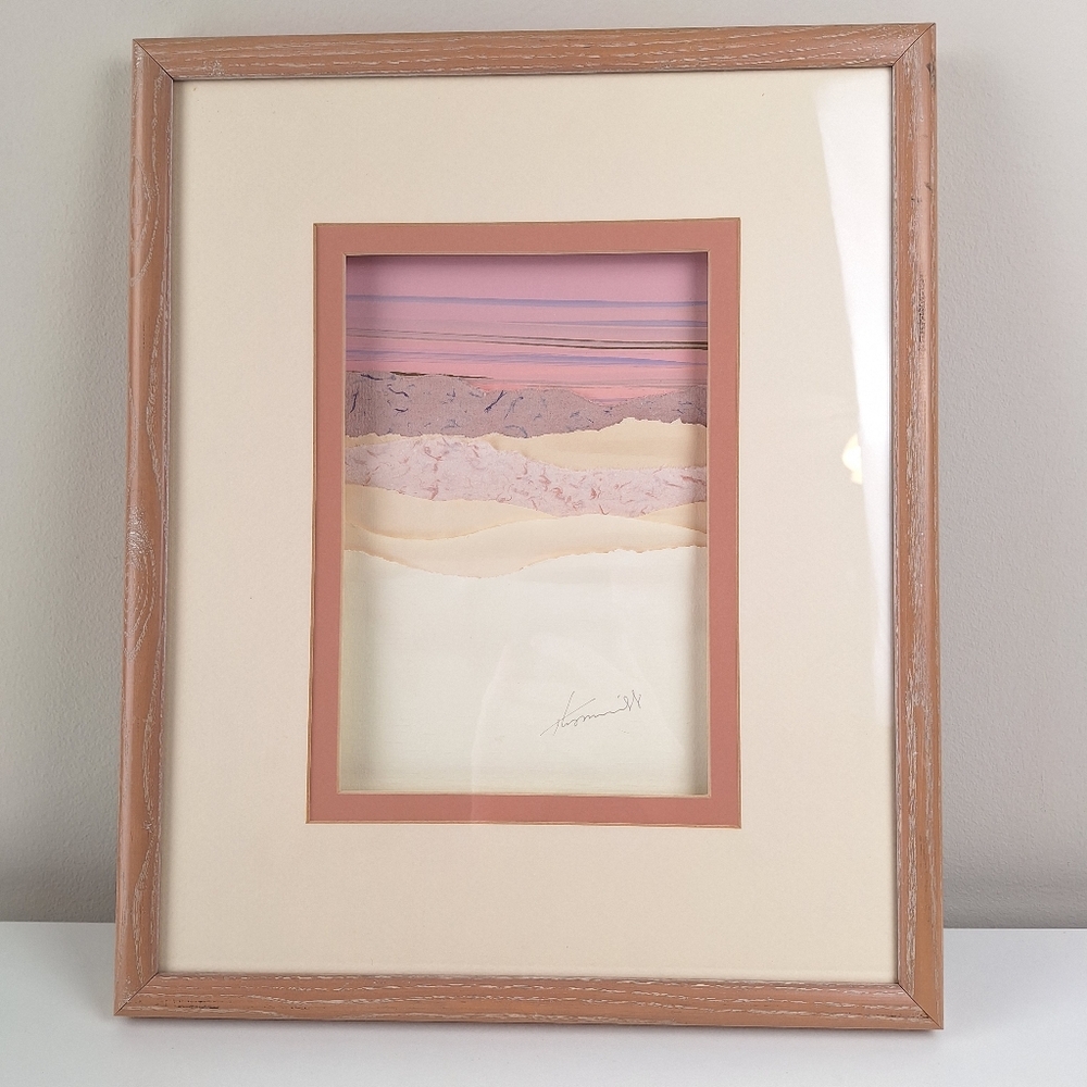 Original Paper Collage Art Mountain Desert Landscape Signed Framed 14"x17"